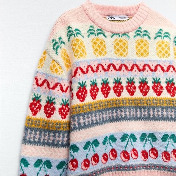 ZARA Multicolored Jacquard Fruit Printed Retro Sweater NWOT S Small - Picture 6 of 11